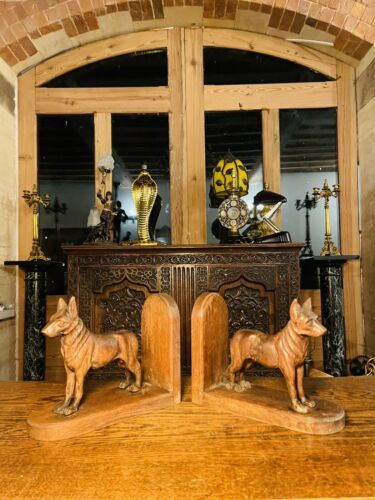 Antique Hand Carved English Oak Dog Bookends, Arts & Crafts