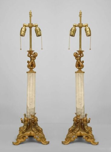 Pair Of Gilt Bronze & Rock Crystal Table Lamp, French Napoleon III Style