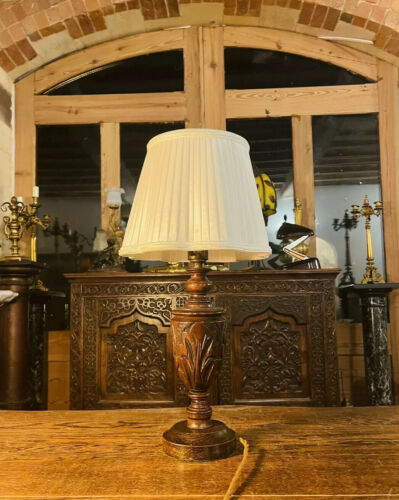 Antique Hand Carved Oak Table Lamp