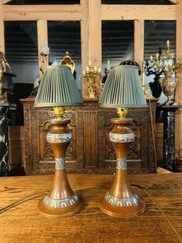 19th Century Japanese Enamelled Bronze Cloissonne Table Lamps, Pair, Rewired