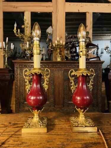 Pair Of Antique 19th Century Bronze & Red Enamel Urn Lamps