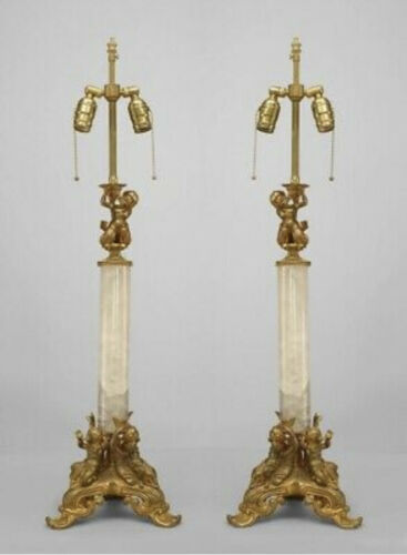 Pair Of Gilt Bronze & Rock Crystal Table Lamp, French Napoleon III Style