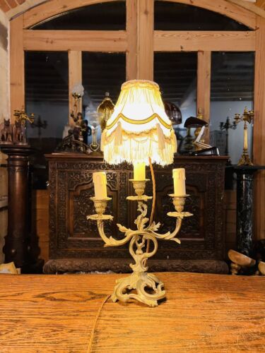 Antique Louis XVI Style French Gilded Bronze Candleabra Table Lamp, Rococo