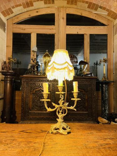 Antique Louis XVI Style French Gilded Bronze Candleabra Table Lamp, Rococo