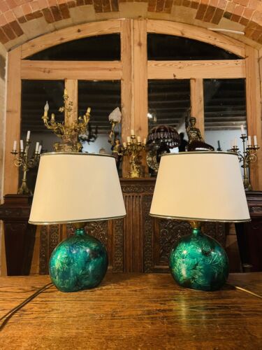 Vintage Pair Of ‘Maison Le Dauphin’ Emerald Green Table Lamps, MCM