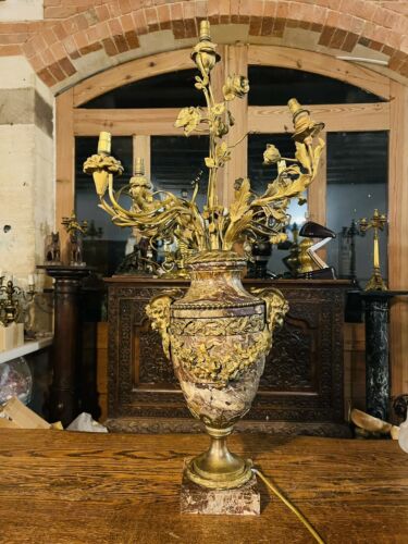 Large 19th Century Louis XVI Breccia Marble & Ormolu Bronze Table Lamp