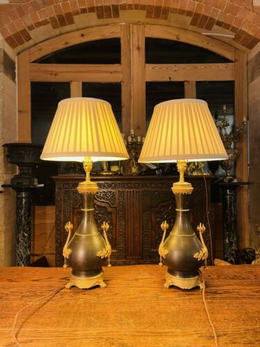 Pair Of Antique 19th Century Patinated & Gilded Bronze Baluster Table Lamps