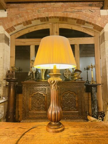 Antique Large Carved Wooden Lamp, Scrolling Leaf Decoration