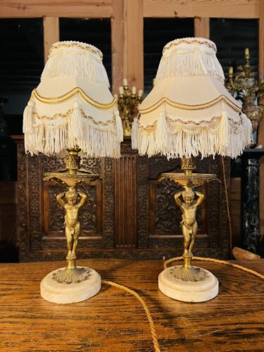 Antique Pair of Classical Cherub Table Lamps With White Marble Plinth