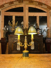 Load image into Gallery viewer, Antique 19th Century Candleabra Table Lamp, Cut Crystal, Malachite &amp; Bronze
