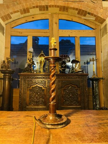 Antique Carved Wooden Barley Twist Table Lamp