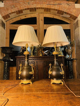 Load image into Gallery viewer, Pair Of Antique 19th Century Patinated &amp; Gilded Bronze Baluster Table Lamps
