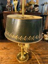 Load image into Gallery viewer, Antique 2 Arm Bouilotte Lamp, Brass &amp; Green Tole Shade
