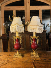 Load image into Gallery viewer, Pair Of Antique 19th Century Bronze &amp; Red Enamel Urn Lamps
