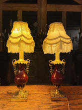 Load image into Gallery viewer, Pair Of Antique 19th Century Bronze &amp; Red Enamel Urn Lamps
