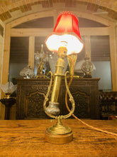 Load image into Gallery viewer, Antique Solid Brass Gimbal Ships Table Lamp, British Navy, Rail Carriage Light
