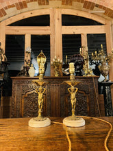 Load image into Gallery viewer, Antique Pair of Classical Cherub Table Lamps With White Marble Plinth
