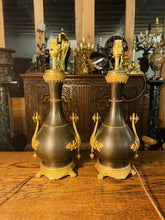 Load image into Gallery viewer, Pair Of Antique 19th Century Patinated &amp; Gilded Bronze Baluster Table Lamps,
