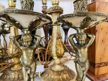 Load image into Gallery viewer, Antique Pair of Classical Cherub Table Lamps With White Marble Plinth
