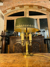 Load image into Gallery viewer, Antique 2 Arm Bouilotte Lamp, Brass &amp; Green Tole Shade
