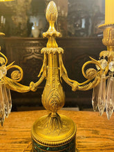 Load image into Gallery viewer, Antique 19th Century Candleabra Table Lamp, Cut Crystal, Malachite &amp; Bronze
