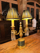 Load image into Gallery viewer, Antique 19th Century Candleabra Table Lamp, Cut Crystal, Malachite &amp; Bronze
