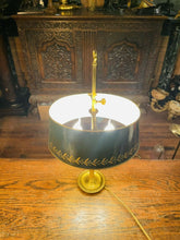 Load image into Gallery viewer, Antique 2 Arm Bouilotte Lamp, Brass &amp; Green Tole Shade
