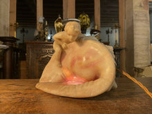 Load image into Gallery viewer, Antique Baroque Hand Carved Alabaster Table Lamp Of Cherub &amp; Sea Shell,
