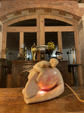 Load image into Gallery viewer, Antique Baroque Hand Carved Alabaster Table Lamp Of Cherub &amp; Sea Shell,
