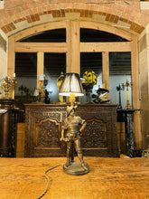 Load image into Gallery viewer, Antique 19th C Conquistador Newel Post Table Lamp, Patinated Bronze
