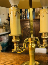 Load image into Gallery viewer, Antique 2 Arm Bouilotte Lamp, Brass &amp; Green Tole Shade
