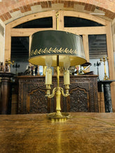 Load image into Gallery viewer, Antique 2 Arm Bouilotte Lamp, Brass &amp; Green Tole Shade
