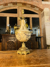 Load image into Gallery viewer, Antique 19th C French Ormolu Bronze &amp; Marble Table Lamp, Rams Head Decoration
