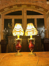 Load image into Gallery viewer, Pair Of Antique 19th Century Bronze &amp; Red Enamel Urn Lamps
