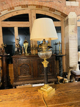 Load image into Gallery viewer, Antique Brass Oil Lamp With Cut Glass Bowl, Table Lamp, “Duplex, Youngs”
