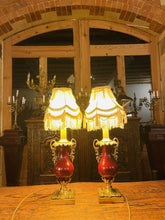 Load image into Gallery viewer, Pair Of Antique 19th Century Bronze &amp; Red Enamel Urn Lamps
