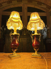 Load image into Gallery viewer, Pair Of Antique 19th Century Bronze &amp; Red Enamel Urn Lamps
