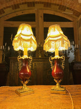 Load image into Gallery viewer, Pair Of Antique 19th Century Bronze &amp; Red Enamel Urn Lamps
