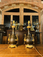 Load image into Gallery viewer, Pair Of Antique 19th Century Patinated &amp; Gilded Bronze Baluster Table Lamps,
