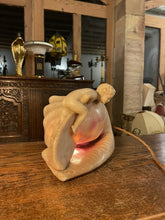 Load image into Gallery viewer, Antique Baroque Hand Carved Alabaster Table Lamp Of Cherub &amp; Sea Shell,
