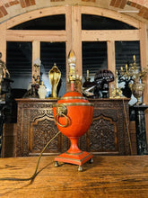 Load image into Gallery viewer, Antique Tole Lamp, Bronze &amp; Red, Lion Mask Decoration
