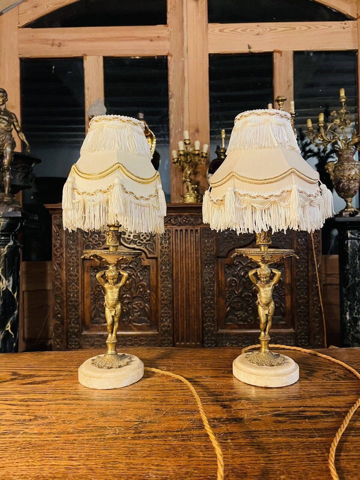 Vintage Cherub Brass Table Lamp with Ornate Glass Spacer