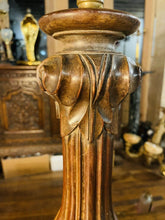 Load image into Gallery viewer, Antique Large Carved Wooden Lamp, Scrolling Leaf Decoration
